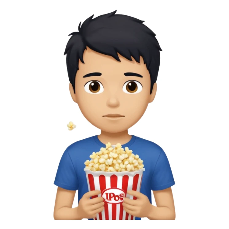 generate a pretty tan bratz boy with a dark blue tshirt on. eating popcorn. messy black hair sticker
