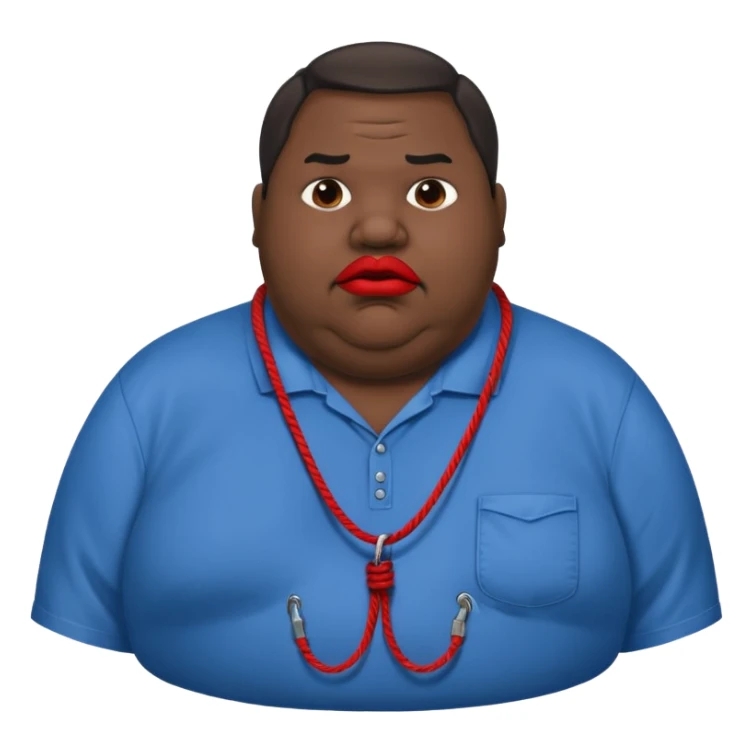 an extremely obese man with extremely dark skin and giant red lips wearing a blue-and-gray shirt and a noose around his neck sticker