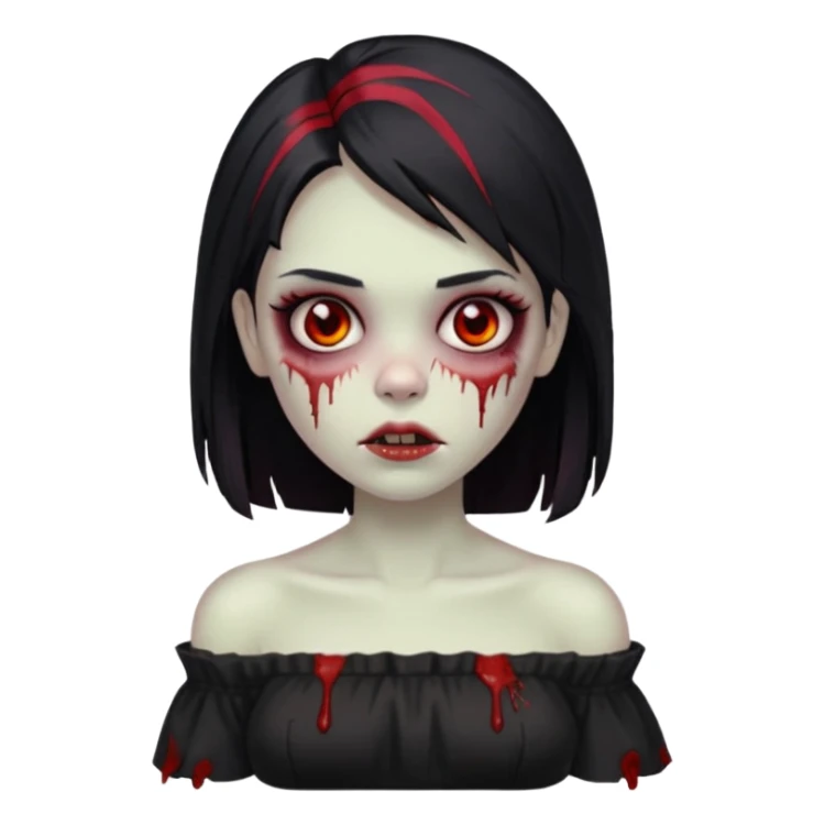 Garota zumbi com cabelo liso e mechas vermelhas na lateral da cabeça dos dois lados, usando uma blusa com manga caida preta sticker