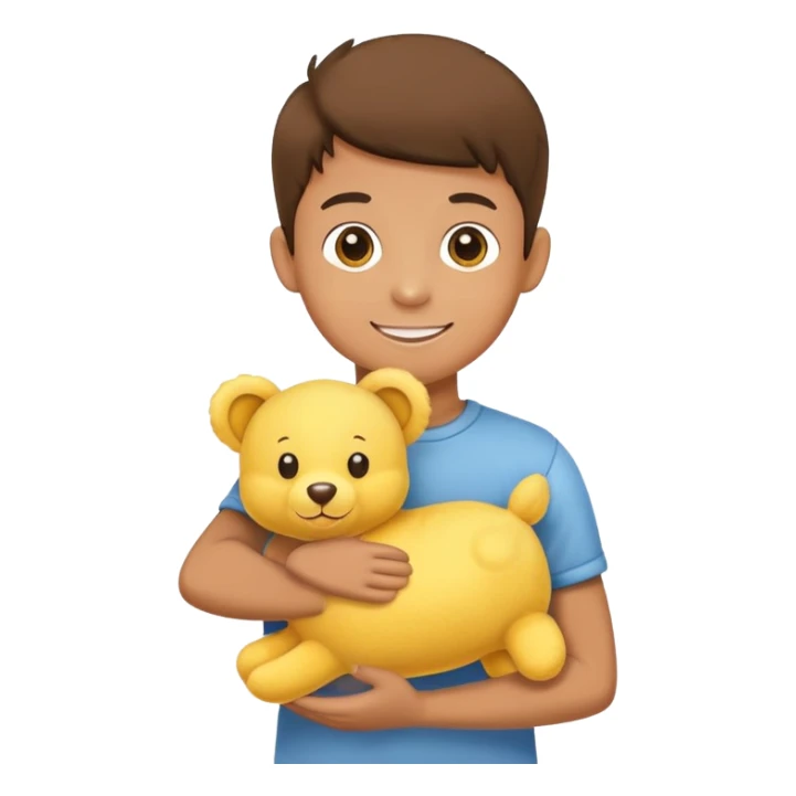 Yellow stuffed animal being held by a happy boy sticker