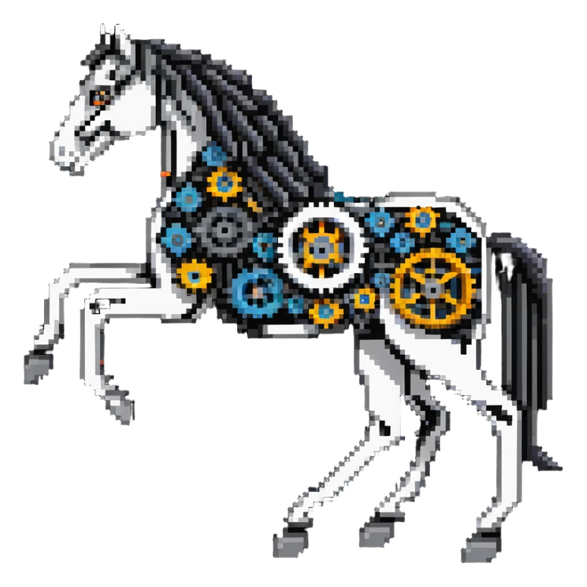 Horse constructed from mechanical parts, gears, cogs, wires, and ropes, steampunk aesthetic sticker