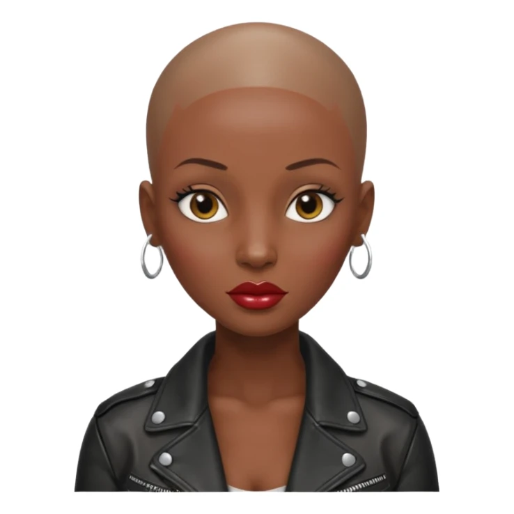 Gorgeous woman shiny , shaved half head no eyebrows leather jacket Alluring black woman wide nose bald head big glossy lips sticker
