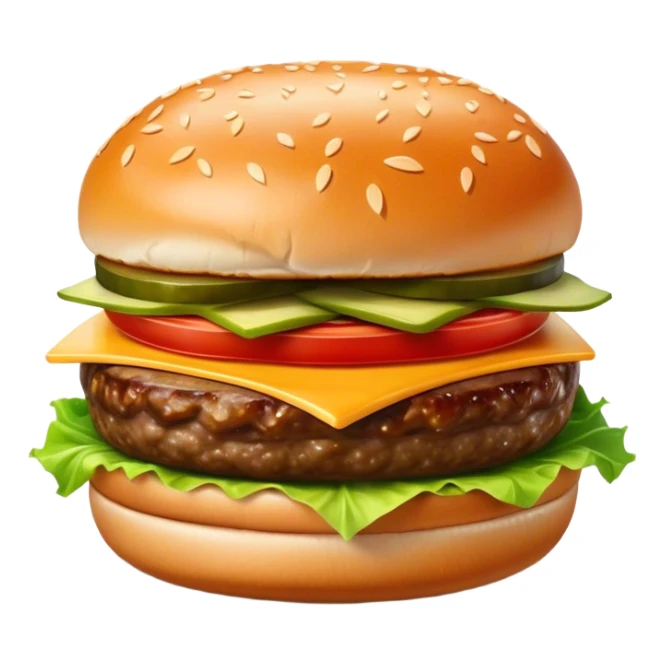 Cinematic juicy cheeseburger, perfectly grilled patty, melted cheese, crisp lettuce, tomatoes, and pickles, soft sesame seed bun, glossy and rich, warm glowing background, ultra-detailed and appetizing. sticker
