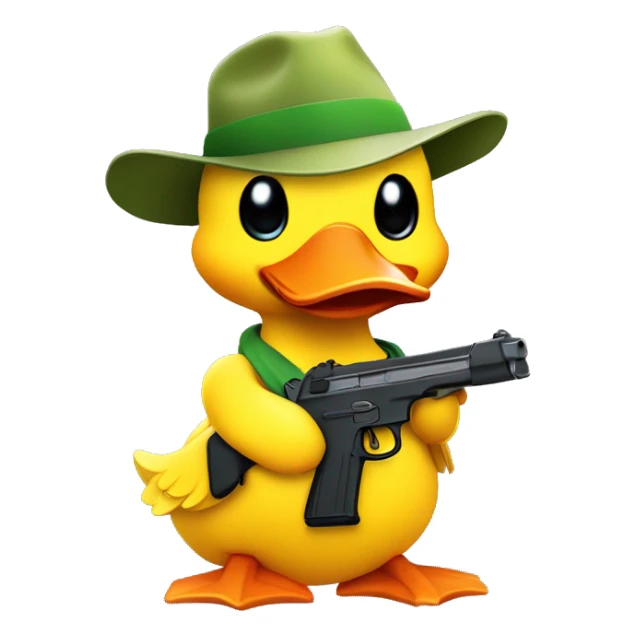 Create a cute yellow duck wearing a hat with the Polyhedra Network logo. The duck is holding a playful toy gun, with a cheerful expression. The style should be colorful and adorable, emphasizing a friendly and fun vibe.  sticker