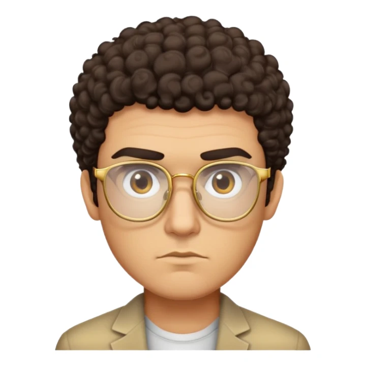 Square-faced man with thick eyebrows, short dark curly hair, slight scruff, serious expression, large square gold-rimmed glasses sticker