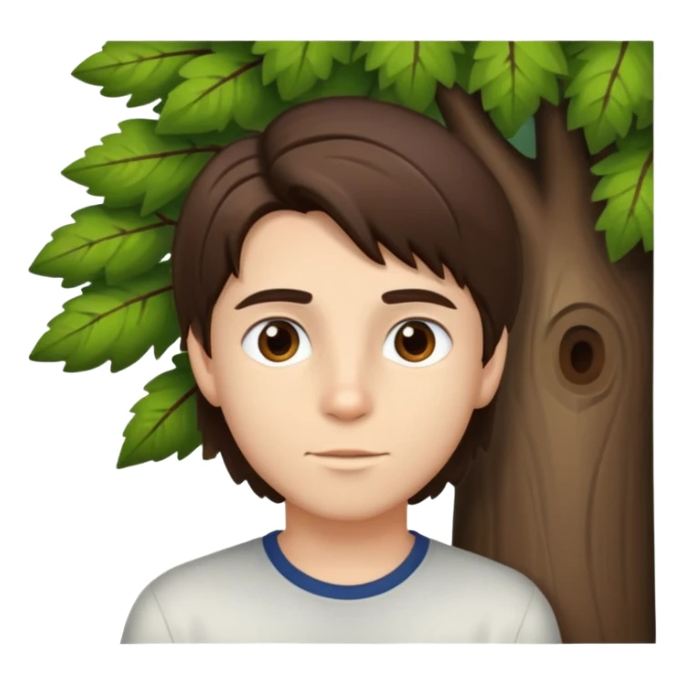 boy with straight brunette hair brown eyes and tree behind sticker