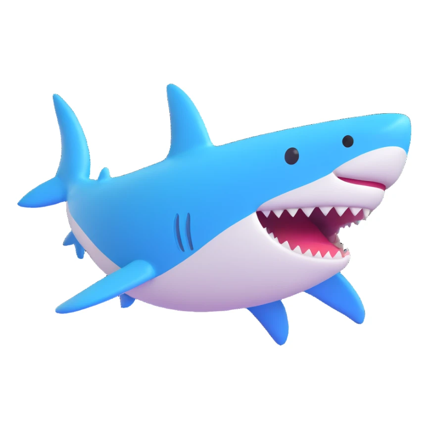 a friendly and rounded shark in 3D emoji style sticker