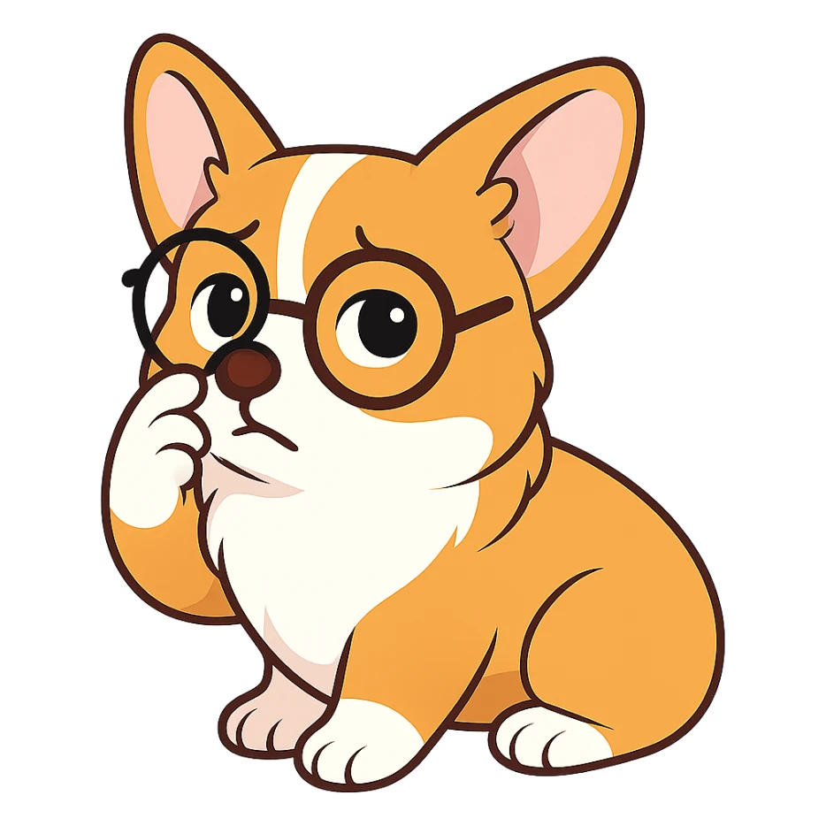 и вот такую есчо эмоцию давай изобразим, задумчивый поправляет очки, тоже как котик на примере только с наим корги sticker