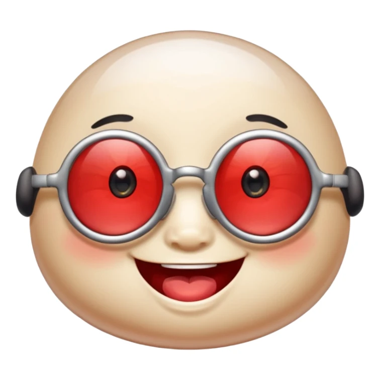 A single chubby crystal gemstone character wearing cute round glasses, chunky and irregular with faceted sides (not egg-shaped), [red], big glossy eyes behind the glasses and a wide happy smile, , high detail, soft lighting, centered on a plain dark background sticker
