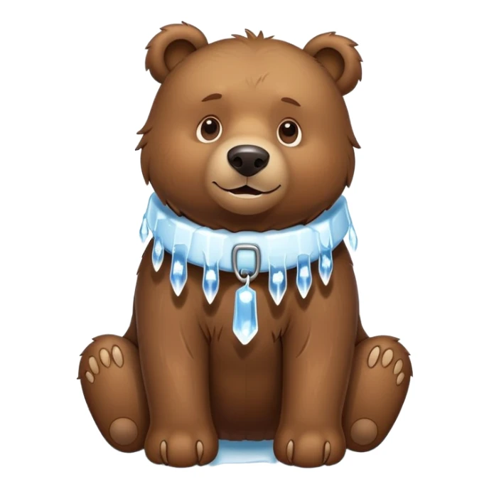 Realistic brown bear on all four legs with a large ice collar around its neck, shaped like a dog collar, with icicles hanging down from it, minimalist emoji style sticker
