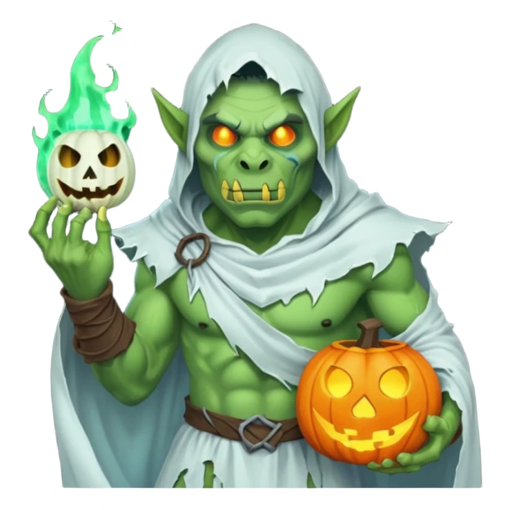 male orc warrior ghost emoji, green skin, tusks, wearing torn white ghost sheet costume, holding glowing jack-o'-lantern, faint blue aura, friendly but spooky expression, Halloween fantasy theme, Apple emoji style, clean white background, square sticker