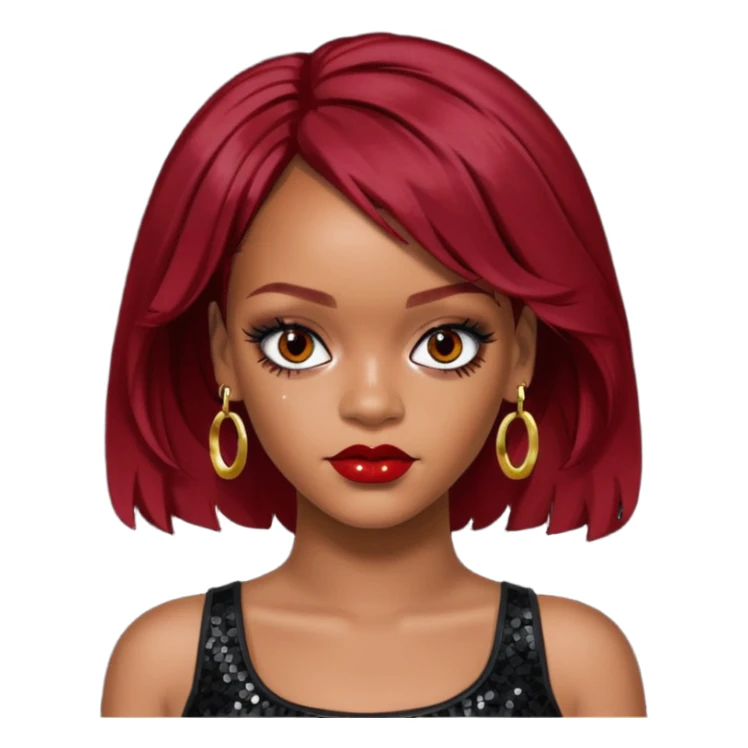 Rihanna with dark red hair, black sequin crop top, hazel eye sticker