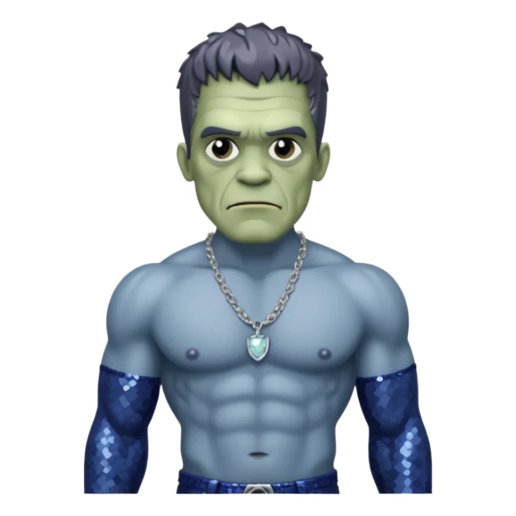 Frankenstein with grey skin, indigo sequin baggy pants, shirtless with necklace sticker