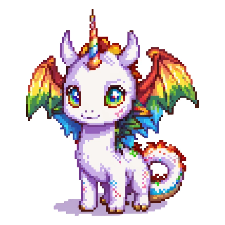 cute dragon with big eyes, rainbow wings, and unicorn horn, simple background sticker