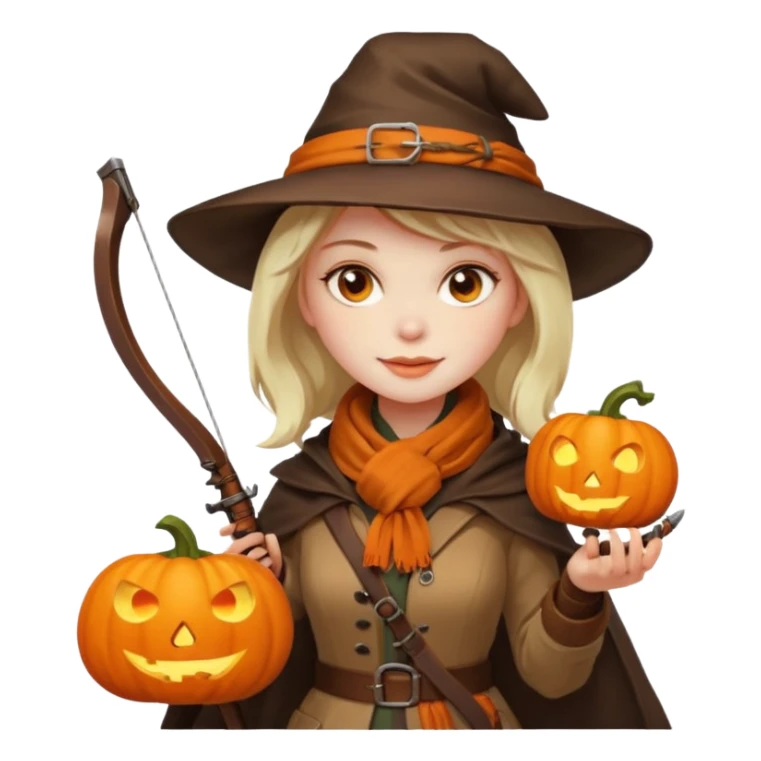 female human monster hunter emoji, wearing brown coat and hat, holding crossbow, soft smile, scarf, glowing pumpkin by her side, Halloween fantasy style, clean vector Apple emoji look, bright colors, white background, square sticker