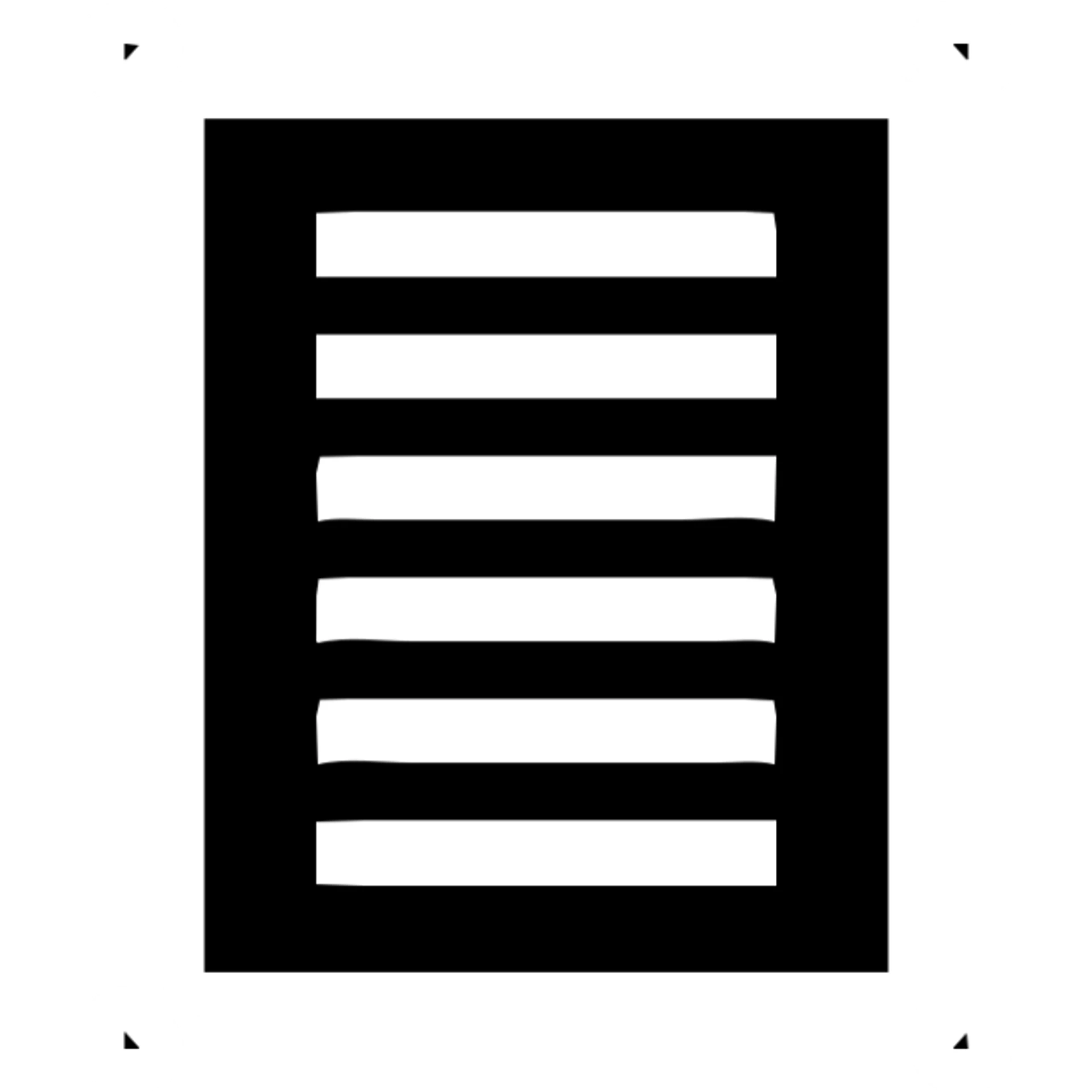 minimal solid white icon of a bold rectangle with seven short horizontal lines arranged vertically as a list, very geometric, Netflix UI style, black background, no text sticker