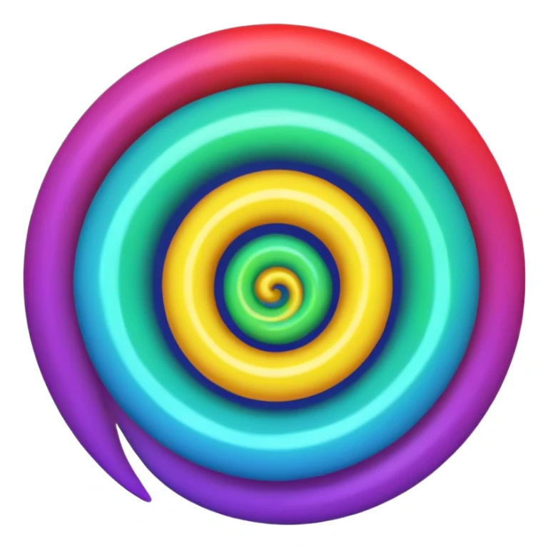 Circular emoji, neon tornado vortex, glowing spiral, blue green outer, purple core, red arc, yellow base sticker