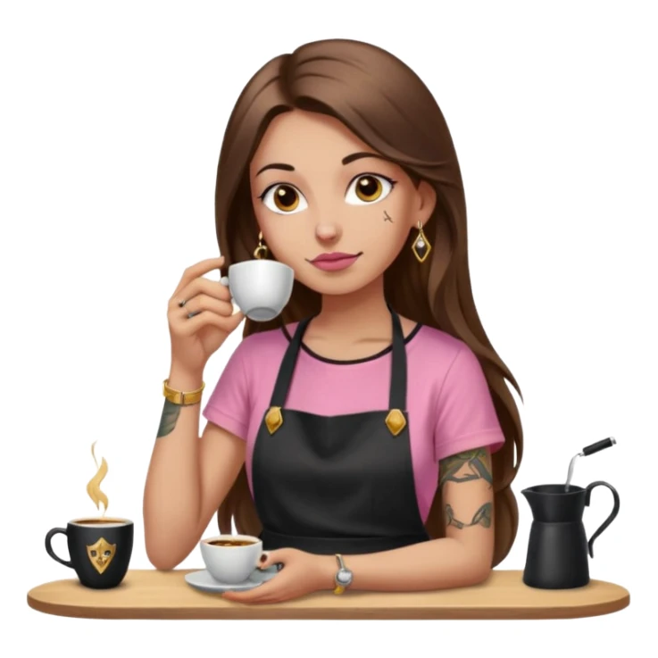Fille cheveux long châtain, peau beige type européen, teeshirt rose avec un tablier noir, piercing au nez anneau doré, boucle d’oreille diamant doré. Elle boit un café. tatouage à la gorge  sticker