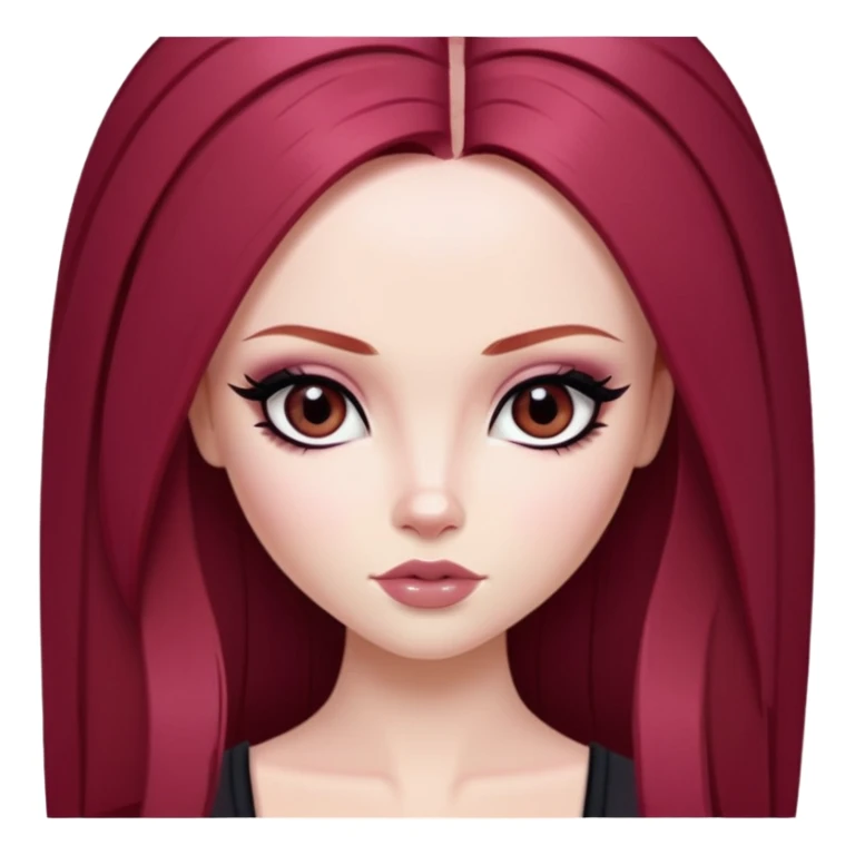 straight long wine red hair, pale skin, dark black eyes, pretty bratz baddie, black eyeliner, blush sticker
