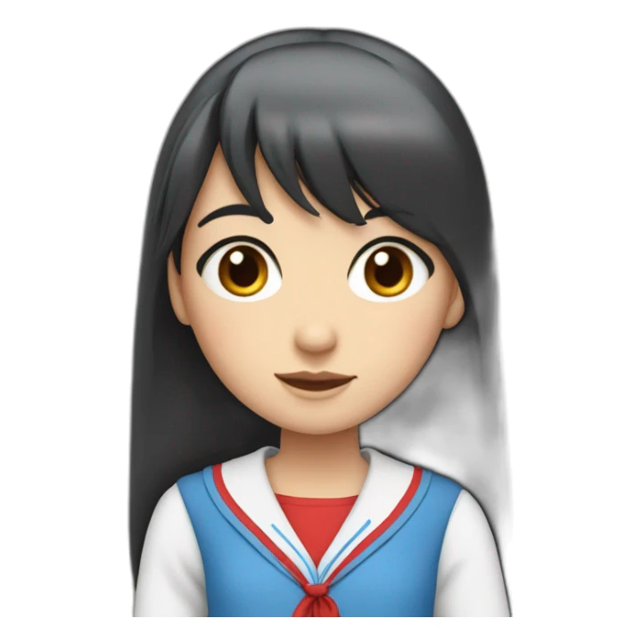 girl with long black hair, thick bangs, blue eyes, red school uniform sticker