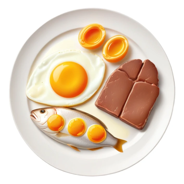 A plate with liver, egg yolk, butter and fish, with vitamin A nutrition labels sticker