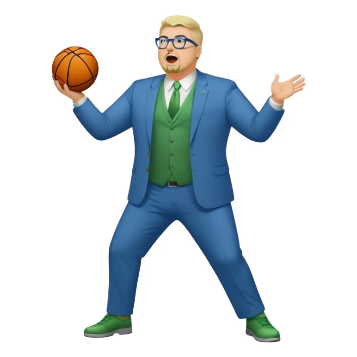 Full Body plus size white male yelling basketball team manager with glasses blondish gray short hair with a goatee wearing blue and green suit sticker