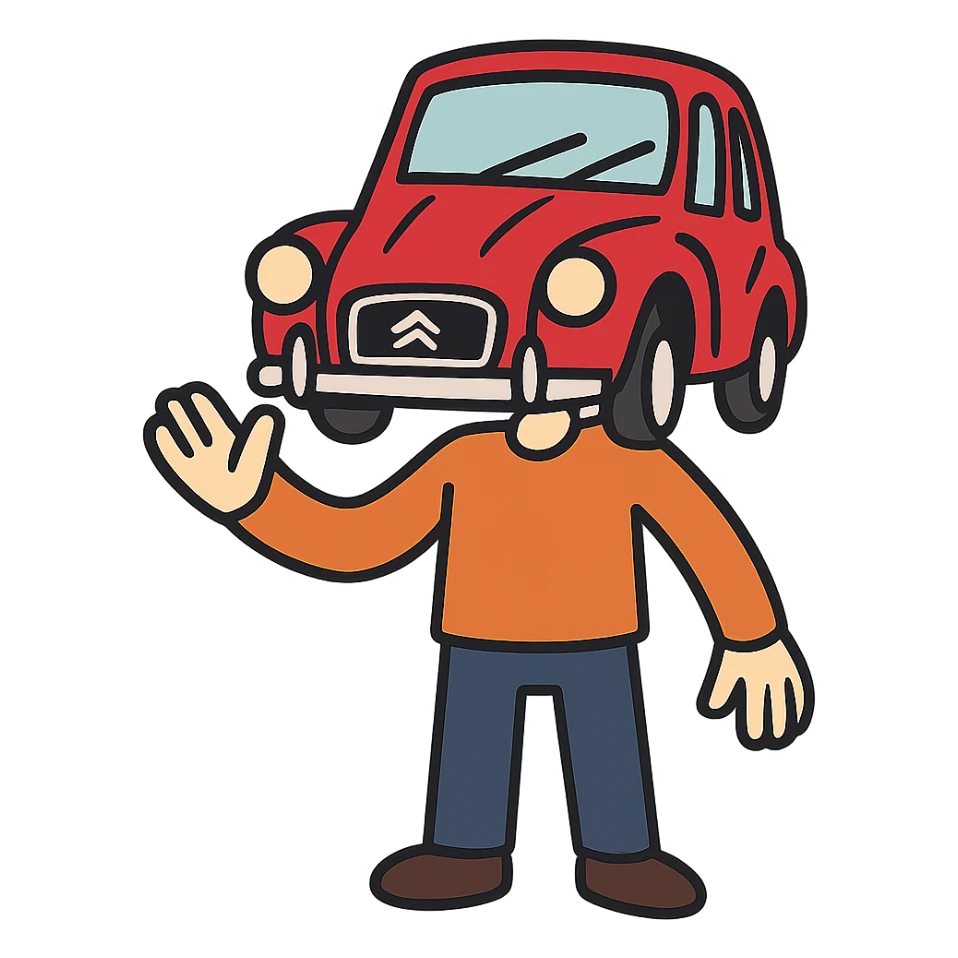 flat toon style body with a French car face, cartoonish sticker