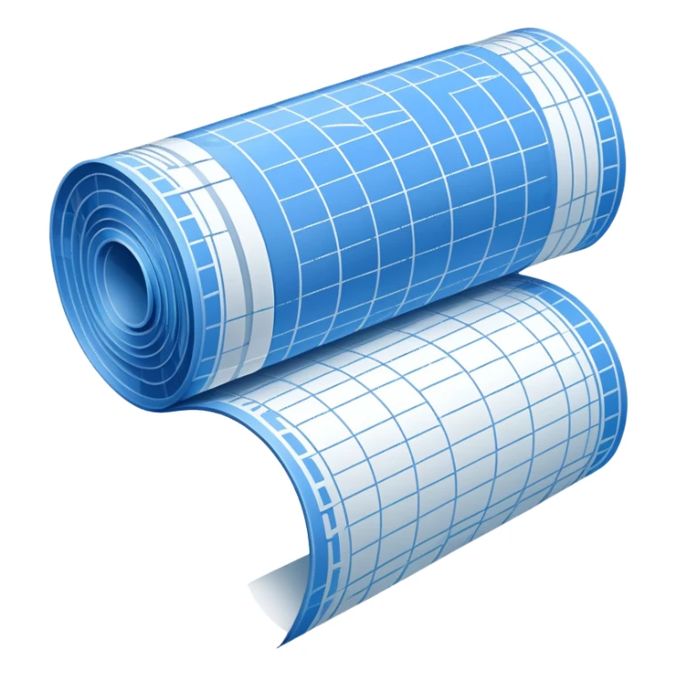 side perspective of a blue rolled-up blueprint plan with white lines sticker