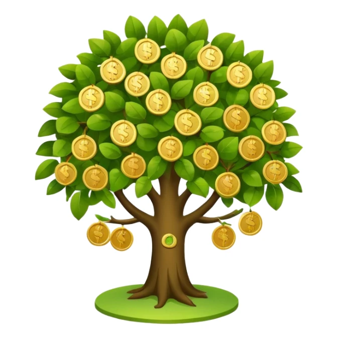 Apple-style money tree, round soft green canopy.
No pot, no ground — only the tree.
Small gold coins as fruits inside the leaves (not below).
Flat 2D vector, clean shapes, no gradients.
Dark near-black background, premium fintech icon. sticker