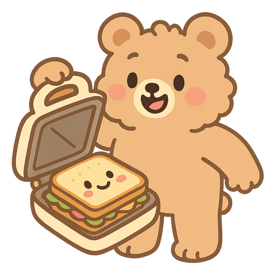 soft pastel style fluffy bear as a sandwich maker, opening with a cute sandwich inside, creamy brown, full-body sticker