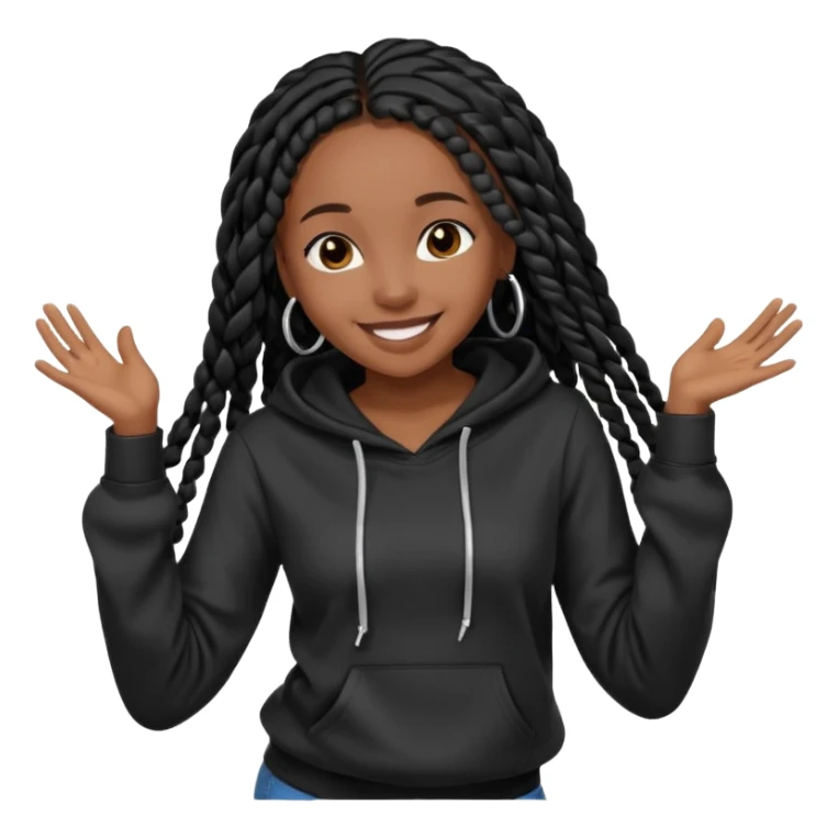 African American girl dark skin complextion long black box braids wearing plain black hoodie dancing sticker