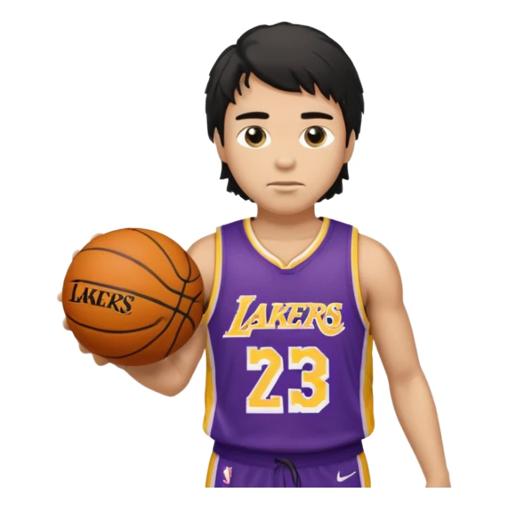 a light tan boy with messy a black mullet. wearing a lakers jersey and carrying a basketball sticker
