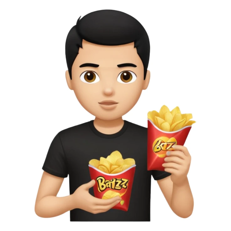 a pretty bratz guy with curly black hair in in black tshirt eating chips sticker