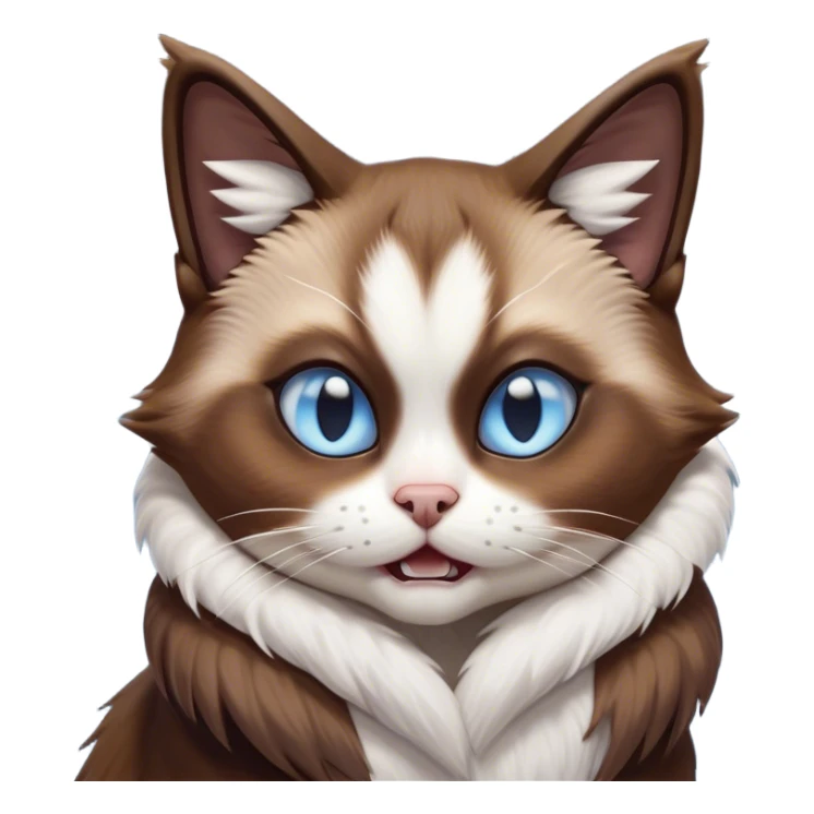 Cinematic Comical Brown Mantle Snowshoe Cat Portrait Emoji, Head tilted dramatically with an exaggeratedly shocked or offended expression, deep brown fur flowing like a mantle over its back, paired with crisp white paws, chest, and a signature white facial mask, piercing icy-blue eyes widened in disbelief, Simplified yet hilariously expressive features, highly detailed, glowing with a slightly sassy glow, high shine, dramatic yet playful, stylized with an air of attitude, bright and endearing, soft glowing outline, capturing the essence of a sassy and over-the-top feline, so meme-worthy it feels like it could side-eye its way into internet fame instantly! sticker