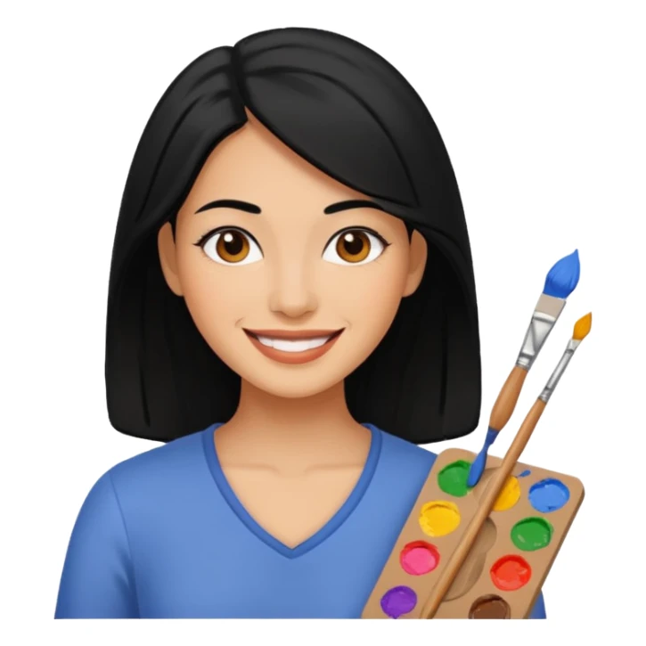 Painting Hold. Women painting smilling  black hair sticker