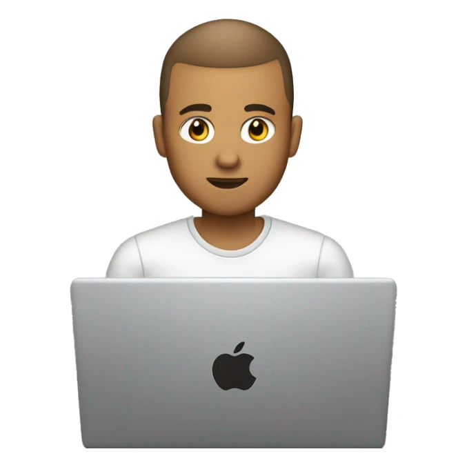 software engineer (white male, brown buzz cut hair, white gold earrings) in front of laptop, apple-style sticker