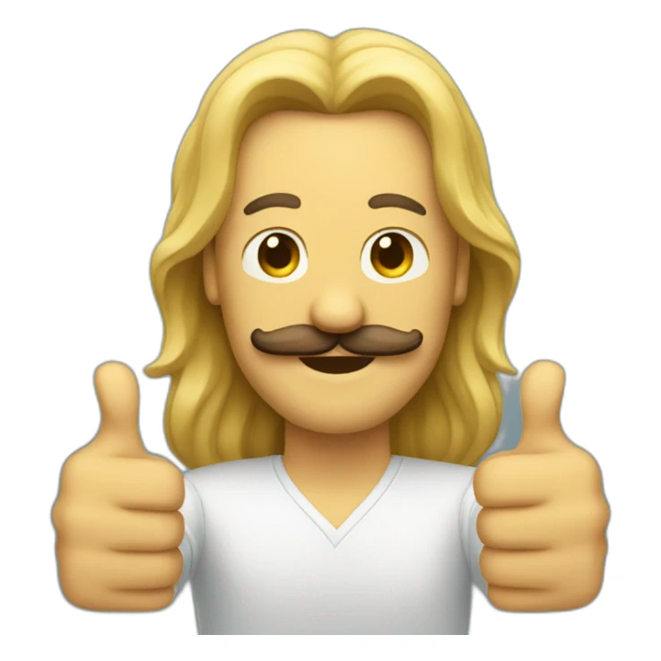 man with moustache and long hair with thumbs up sticker