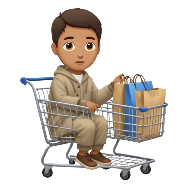 A man in oversized second-hand clothes, sitting beside a shopping cart of items, looking around with soft hopeful eyes.
 sticker