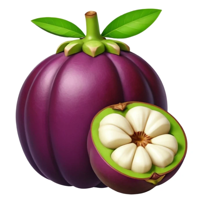 whole mangosteen with thick deep purple rind and green segmented calyx on top, next to a halved fruit revealing glossy white segmented flesh inside, soft juicy interior, firm outer shell, no leaves plate or extras, apple emoji style, soft lighting, subtle shadows, transparent background, emoji scale sticker