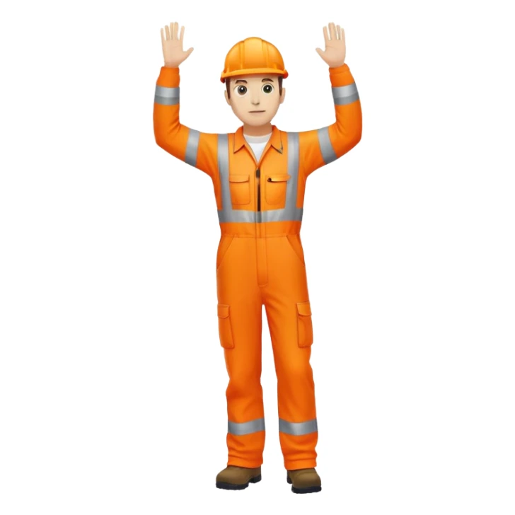 man standing facing away, wearing orange hi visibility overalls  with one arm raised sticker