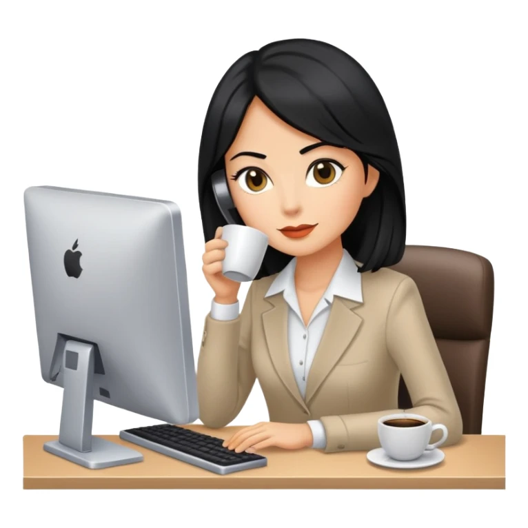 Secretary black hair computer and drinking coffee sticker