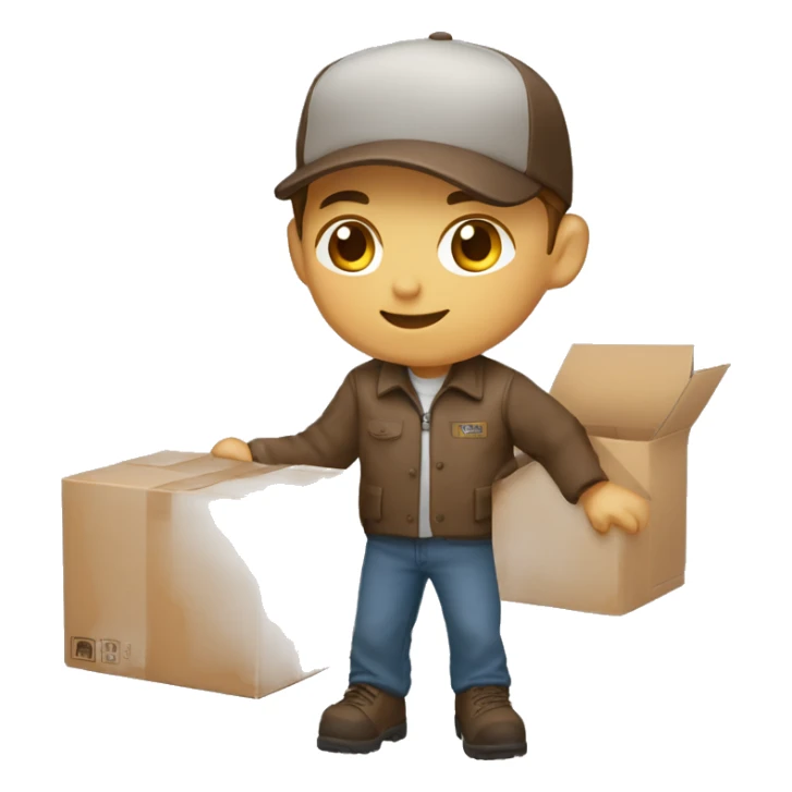 Delivery boy, full body, light skin tone, wearing brown cap and brown jacket, UPS delivery company uniform loading a package without background sticker