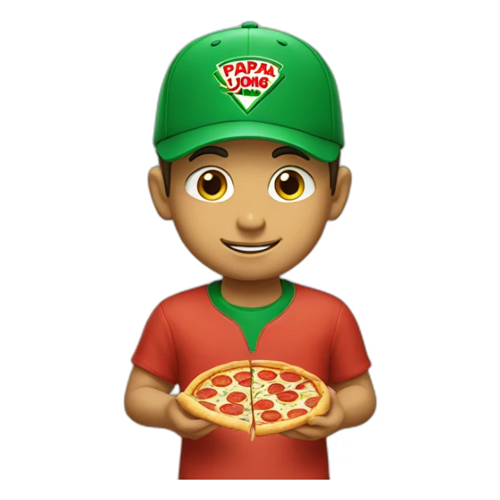 boy eating pizza slide with a green cap with PAPA JOHNS sticker