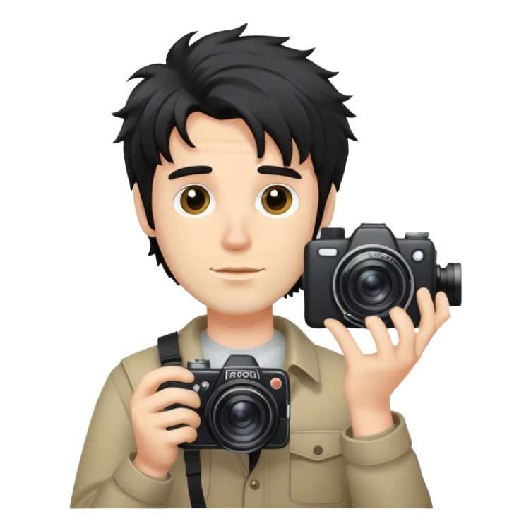 a white man with black messy hair holding a foto camera sticker