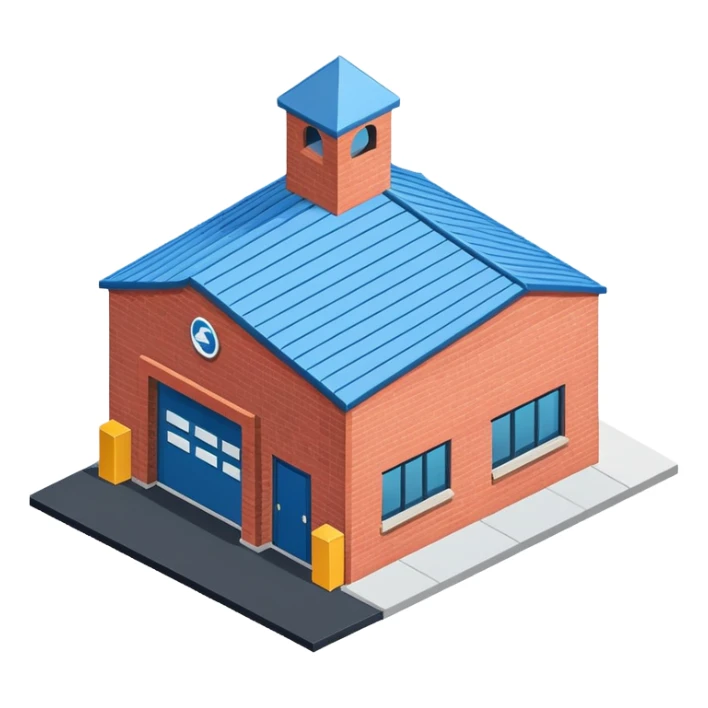 Single story warehouse building in isometric view with loading dock and roll-up door sticker