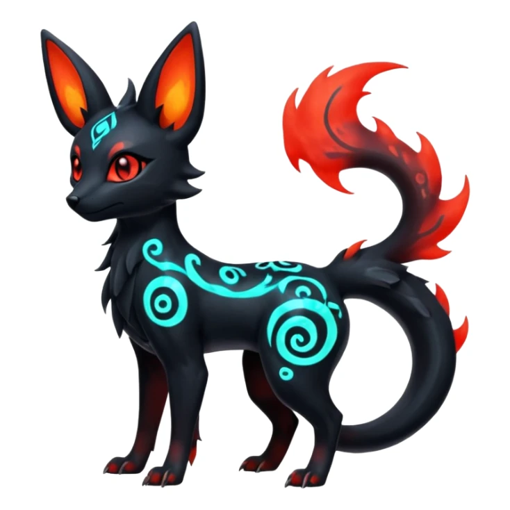Shiny Fiery Dark Glowing Ethereal Eldritch Cool Edgy Badass Punky Aural Iridescent Fluorescent Bioluminescent Umbreon-Amaura-Salandit-Litten-Flareon-Fakémon-fusion (full body) with intricate pattern markings sticker