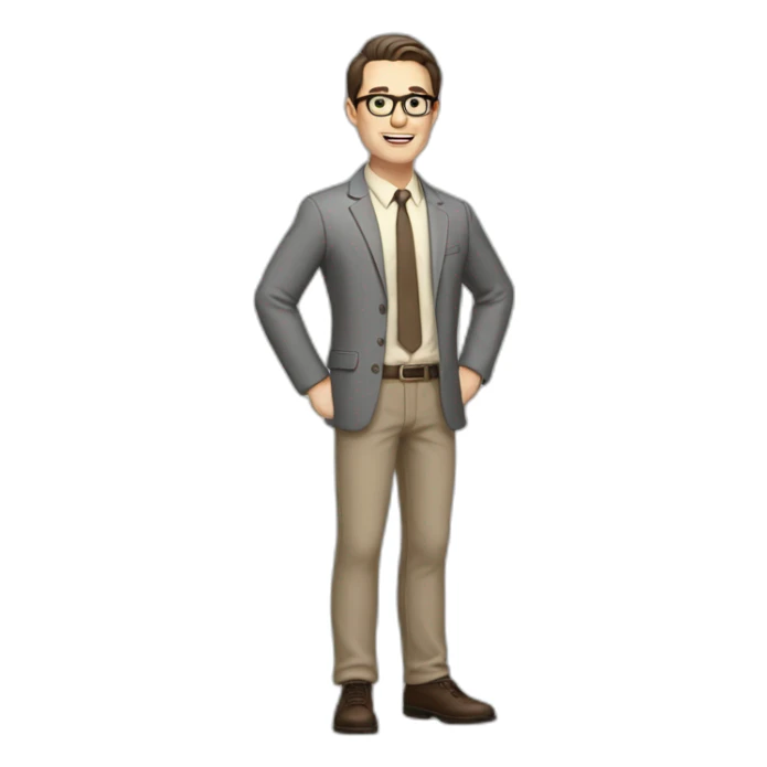 Full height Actively Gesturing Pale skinned fit man with dark brown hair in gray jacket, beige office shirt, brown tie, brown pants and vintage glasses. sticker