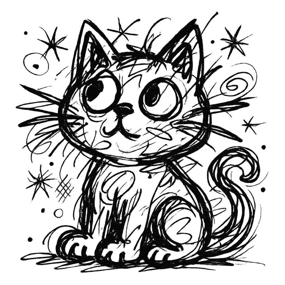 chaotic outlined icon of a cute kitten sitting and looking up, with wild scribbled lines sticker