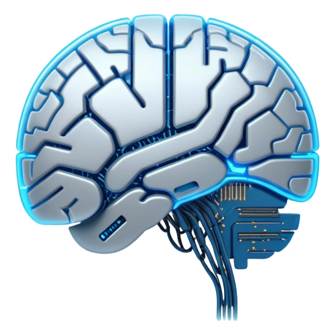 A semi-transparent robotic brain with glowing microchips and intricate circuit patterns inside, futuristic and sleek design, neon blue highlights, digital style sticker