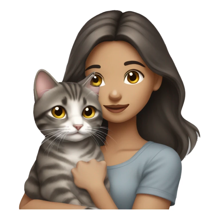 Long Dark brown haired girl with hazel eyes holding gray tabby cat sticker